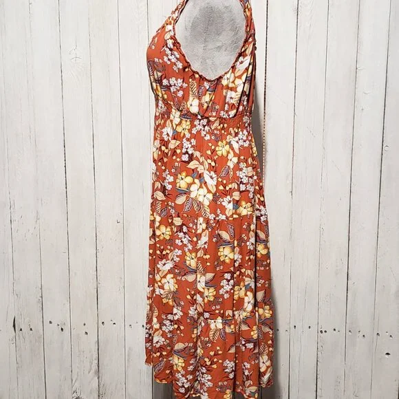 Lapis Dress L Orange Floral Sleeveless Cottage Prairie Tomato Bloom Earthy Mod - Picture 3 of 6